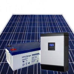 Kit photovoltaïque en îlot composé de 2 modules photovoltaïques polycristallins, 1 onduleur hybride 2400W 24V et 2 batteries GEL
