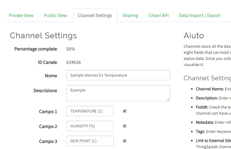 Example Wemos D1 Mini Temperature Humidity ThingSpeak Channel Settings